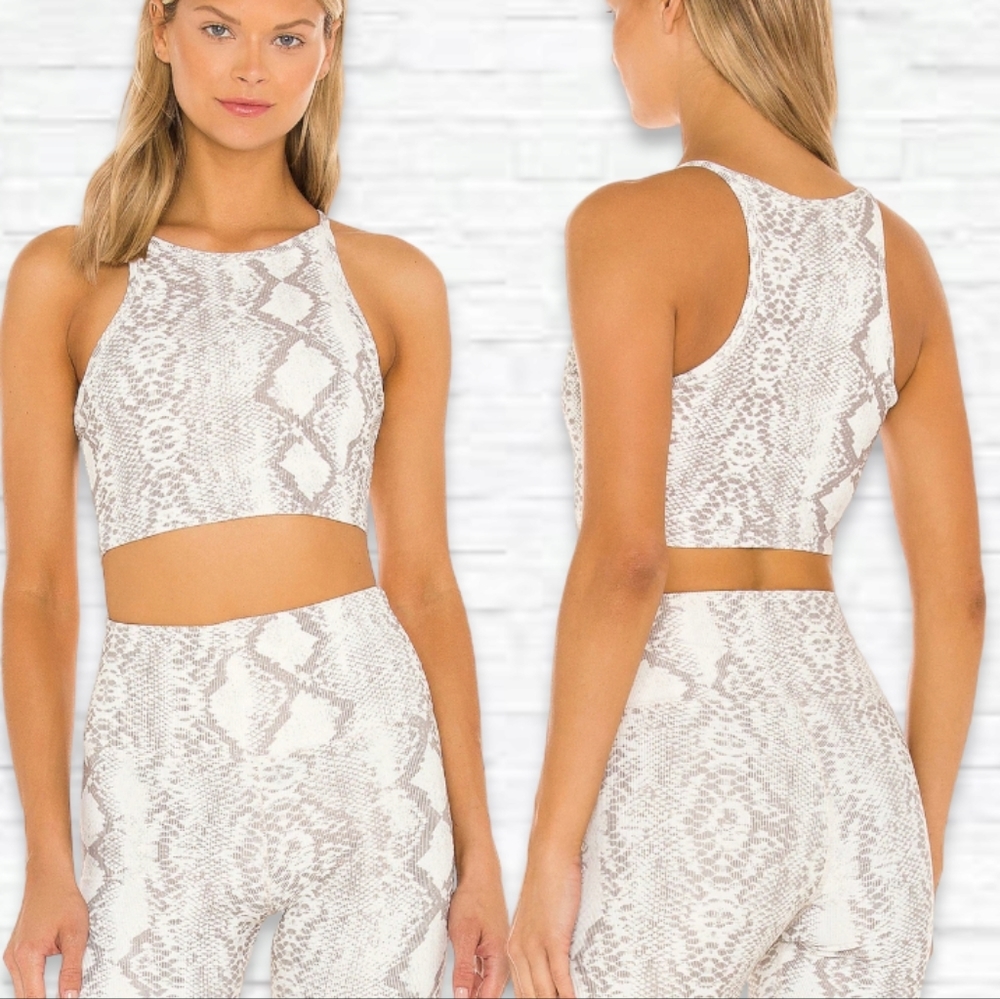 Beach Riot White and Tan Snakeskin High Neck Sports Bra
